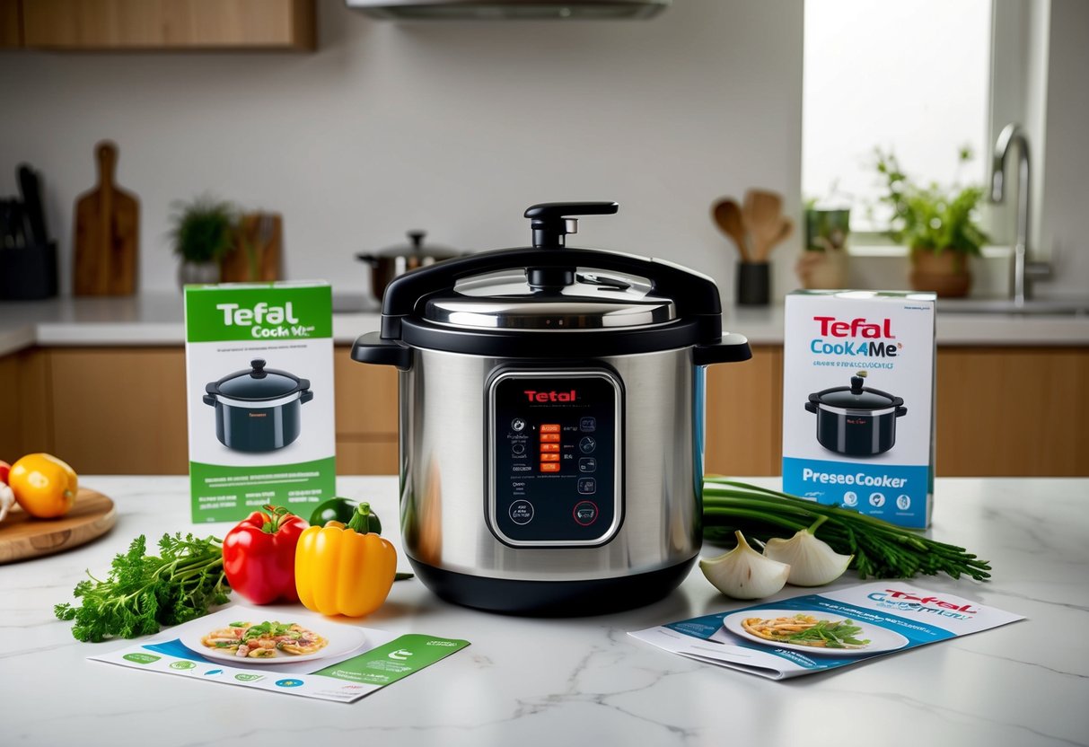 A modern kitchen with a Tefal Cook4Me+ pressure cooker as the focal point, surrounded by fresh ingredients and promotional materials