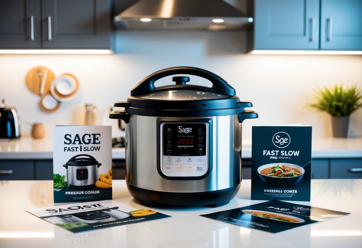 A modern kitchen with a Sage Fast Slow Pro pressure cooker featured prominently, surrounded by promotional materials