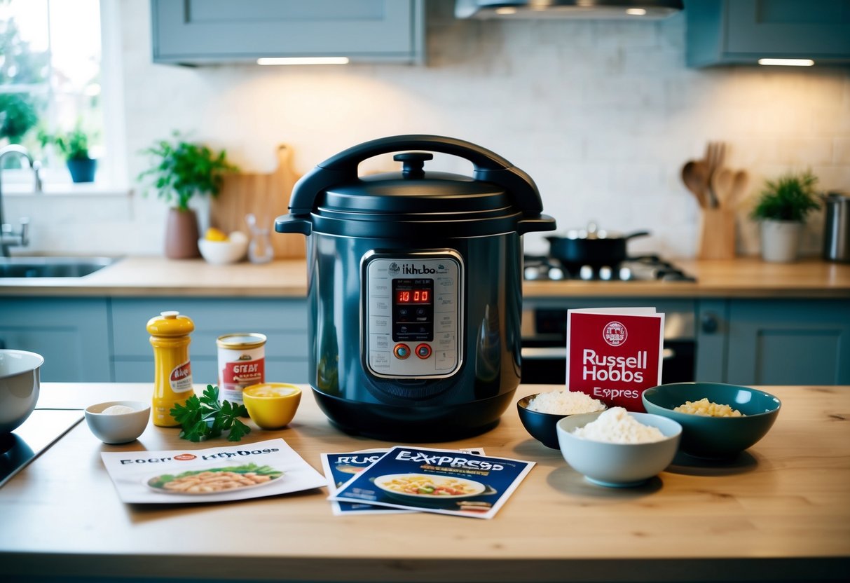 A kitchen countertop with a Russell Hobbs Express pressure cooker surrounded by promotional materials and cooking ingredients