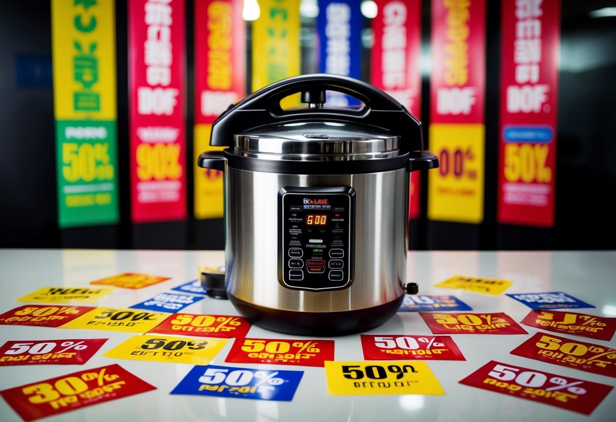 A gleaming pressure cooker surrounded by colorful promotional banners and discount stickers