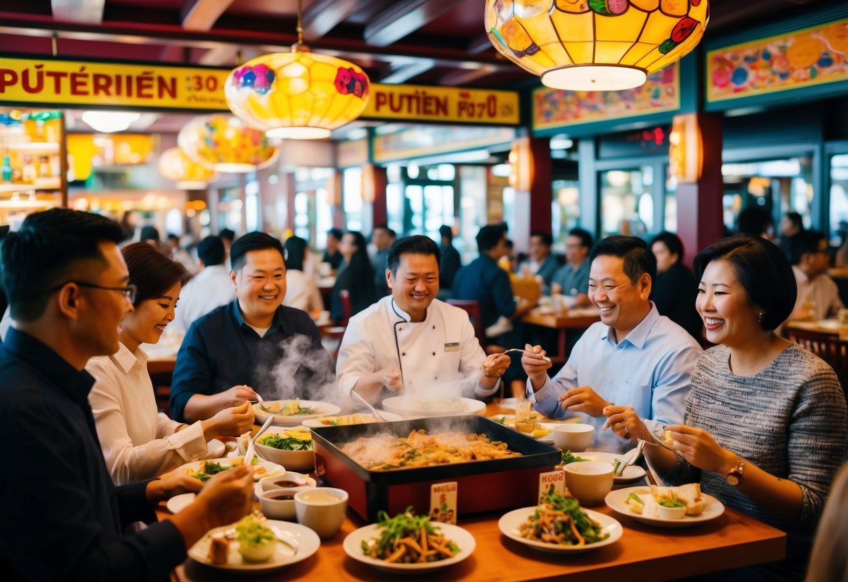 A bustling Putien restaurant with colorful decor, steaming dishes, and happy diners enjoying promotions