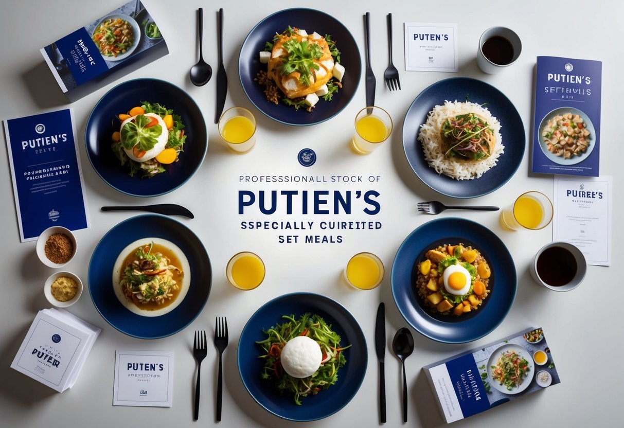 A table set with a variety of beautifully presented dishes, surrounded by promotional materials for Putien's specially curated set meals