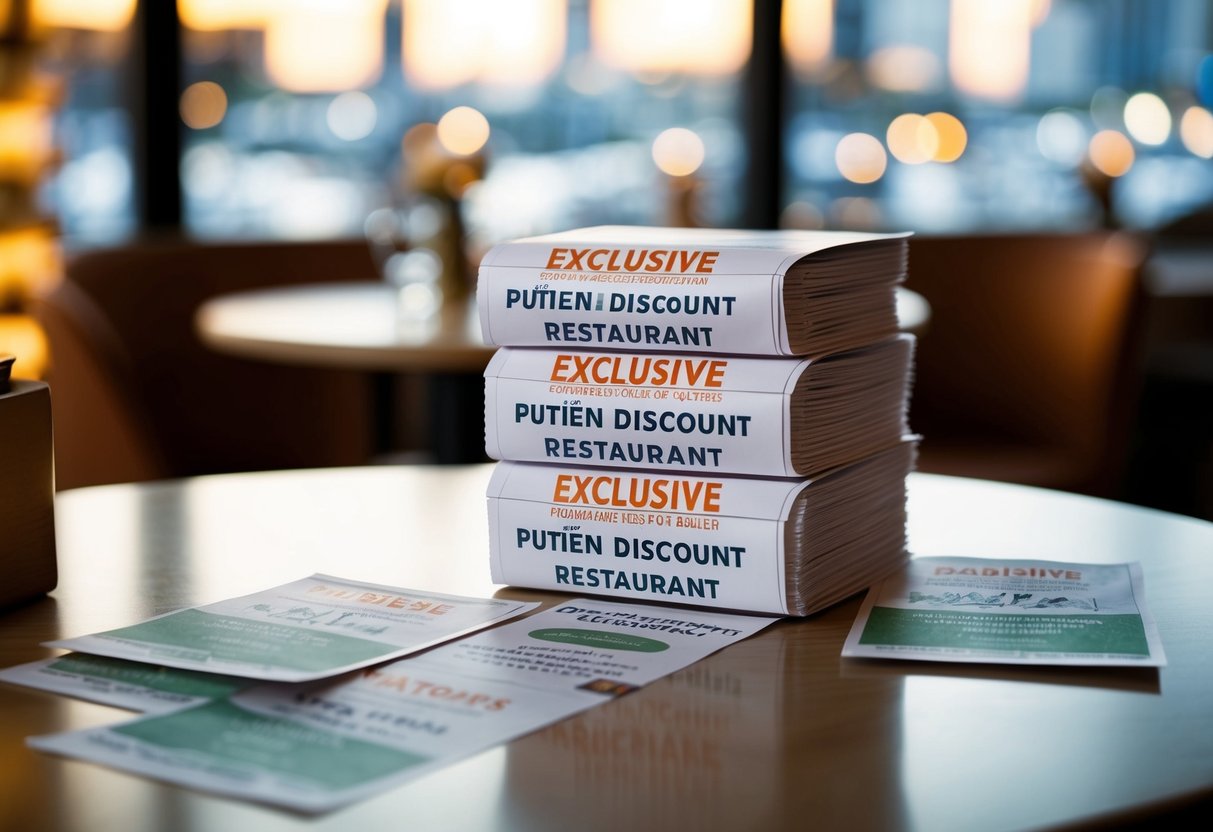 A table with a stack of exclusive discount vouchers and promotional flyers for Putien restaurant