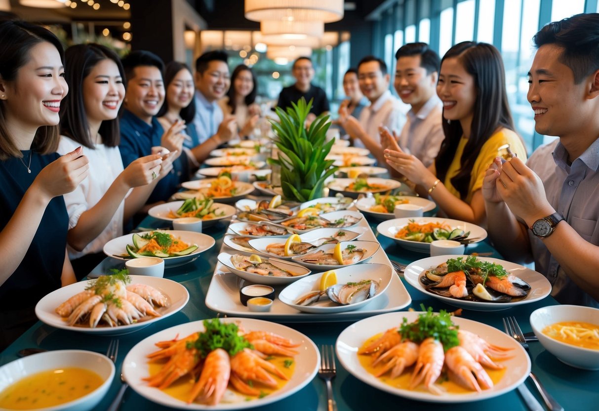 A table set with a variety of fresh seafood dishes, surrounded by happy diners enjoying the limited-time seafood platter Putien promotions