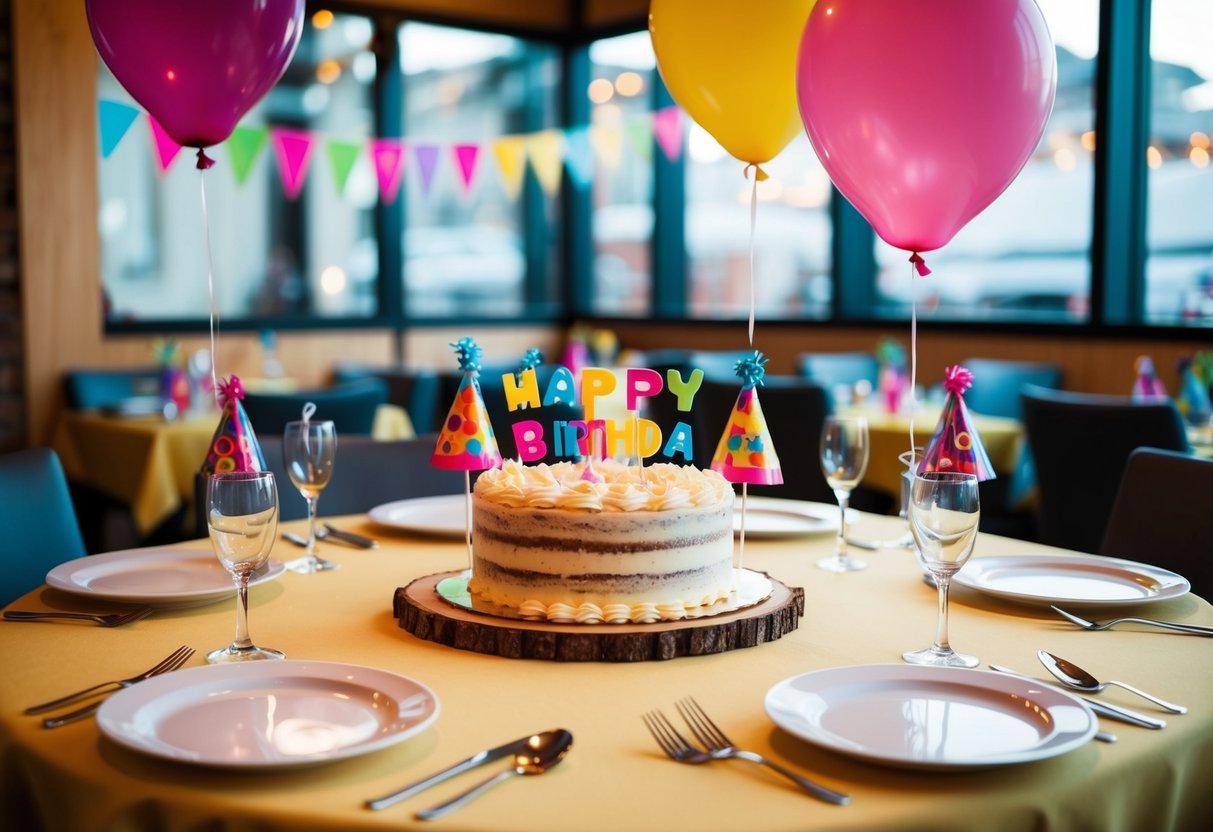 A table set with a birthday cake, balloons, and party favors at a Putien restaurant