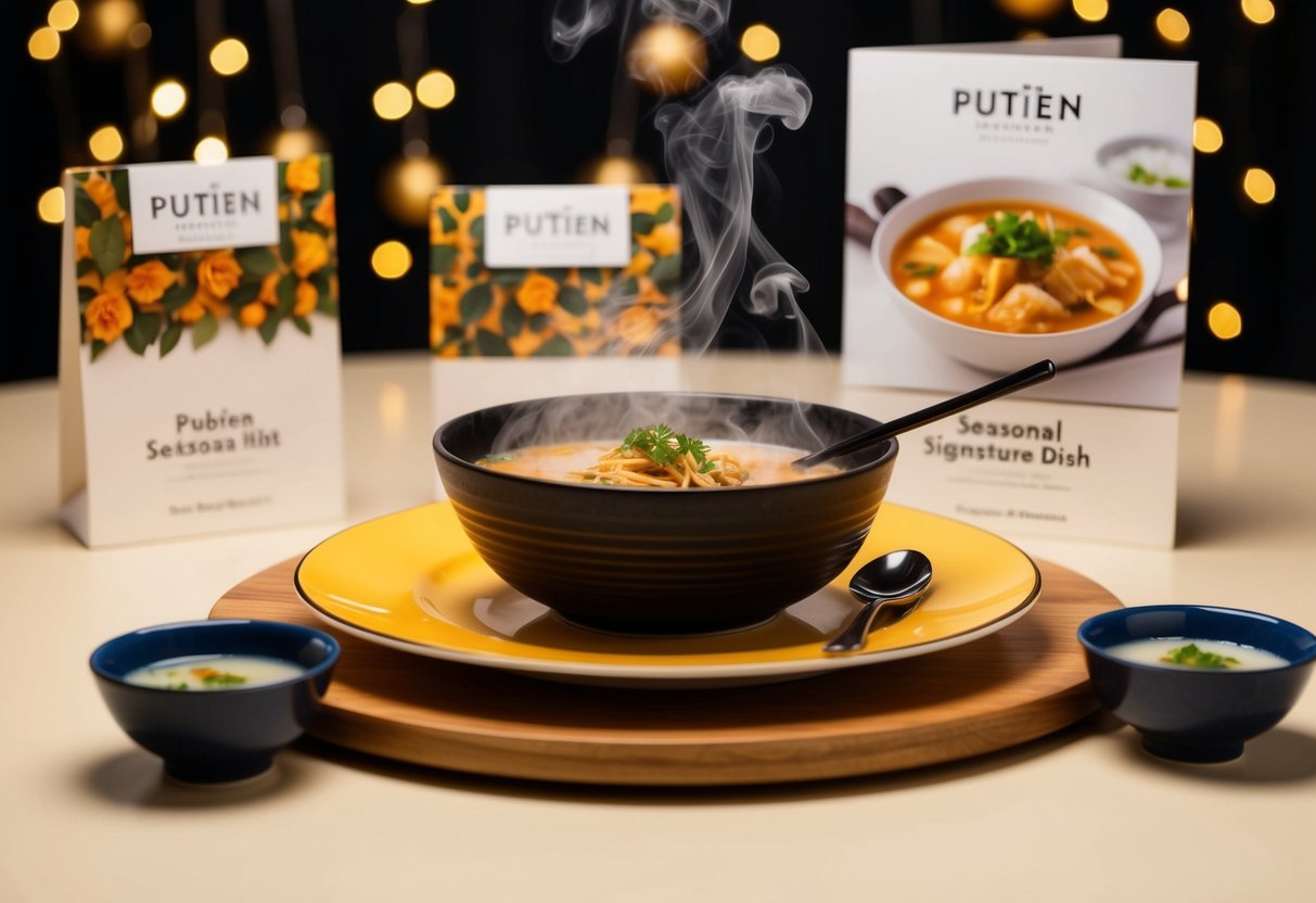 A table set with a steaming hot bowl of Putien seasonal signature dish surrounded by promotional decor