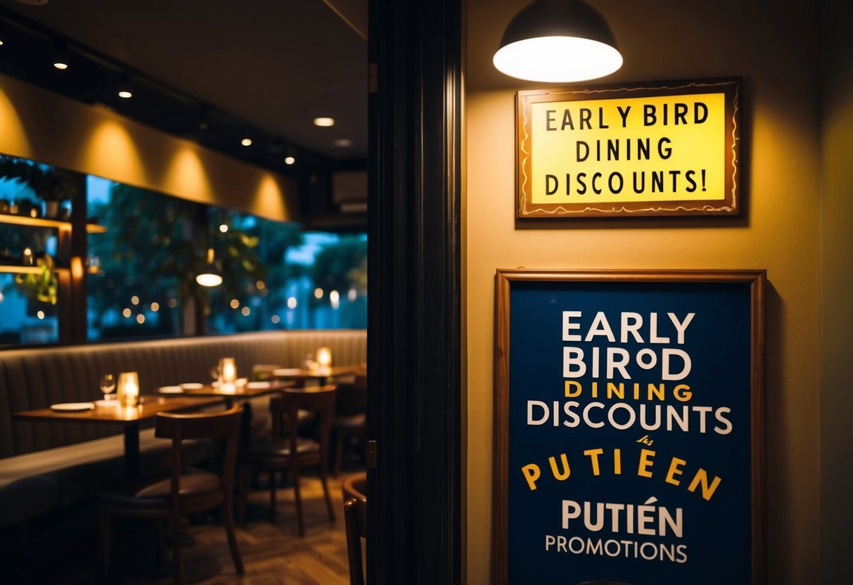 A cozy restaurant with dim lighting and a sign advertising "Early bird dining discounts" and "Putien promotions" displayed prominently