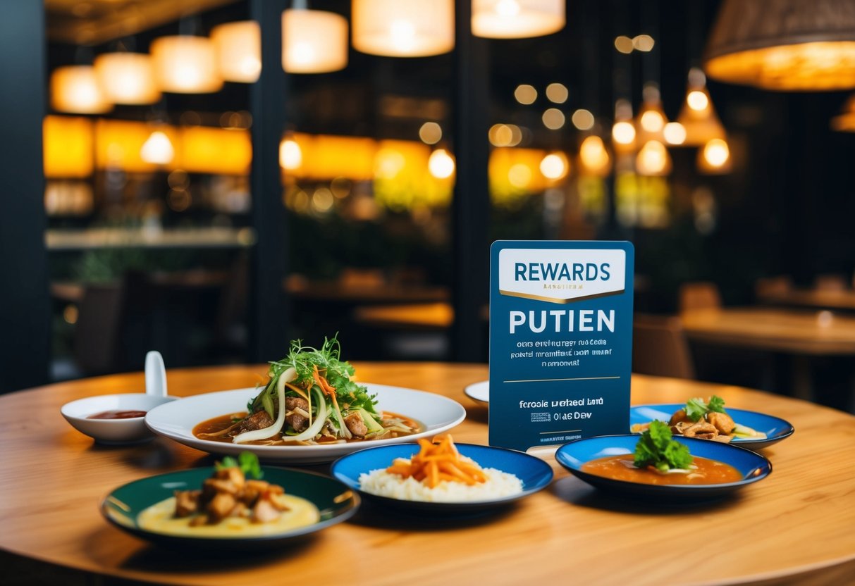 A table with various Putien dishes and a rewards card on display