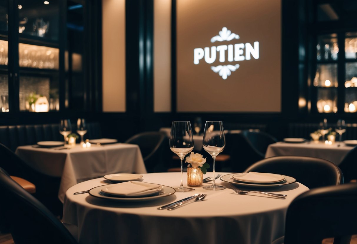 A cozy restaurant with dim lighting, a table set for two with elegant tableware, and a subtle Putien logo displayed in the background