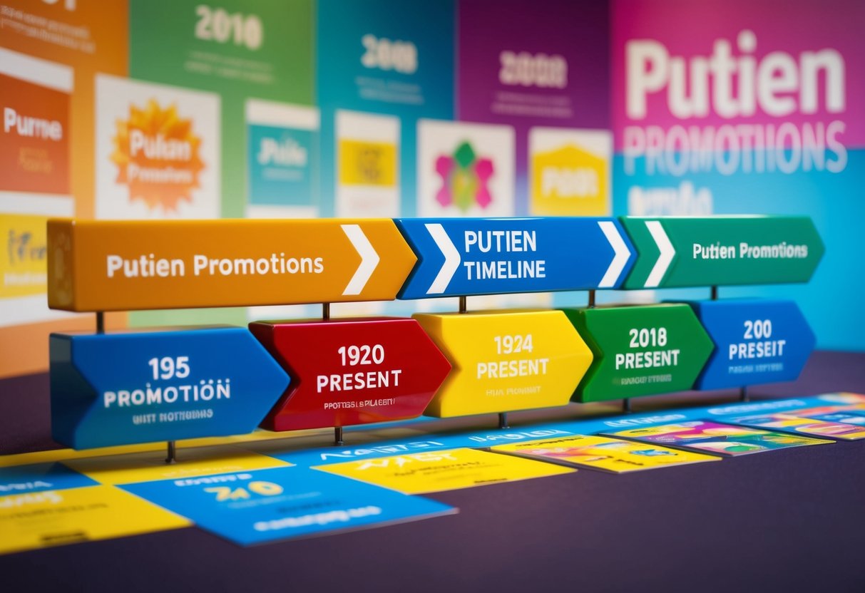 A colorful timeline of Putien promotions, spanning from past to present, displayed on a vibrant backdrop with eye-catching graphics and illustrations