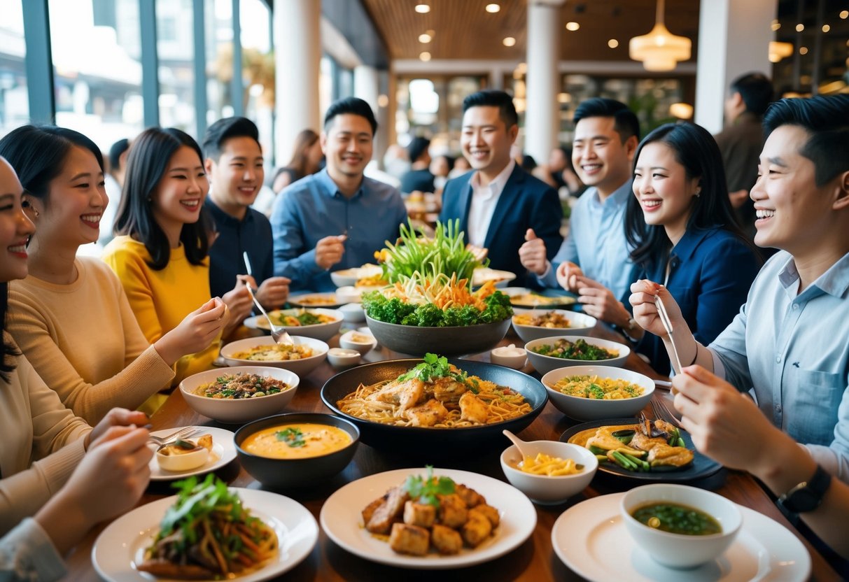 A table filled with various dishes from the Putien restaurant, surrounded by happy customers enjoying the promotions