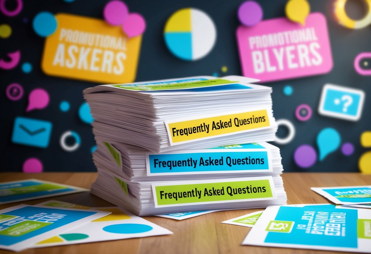A stack of promotional flyers with the words "Frequently Asked Questions" on them, surrounded by colorful graphics and symbols