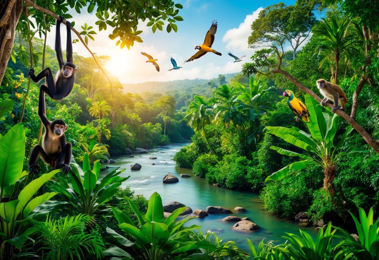 A lush green jungle with diverse wildlife, including monkeys swinging from trees, colorful birds flying overhead, and a peaceful river flowing through the reserve