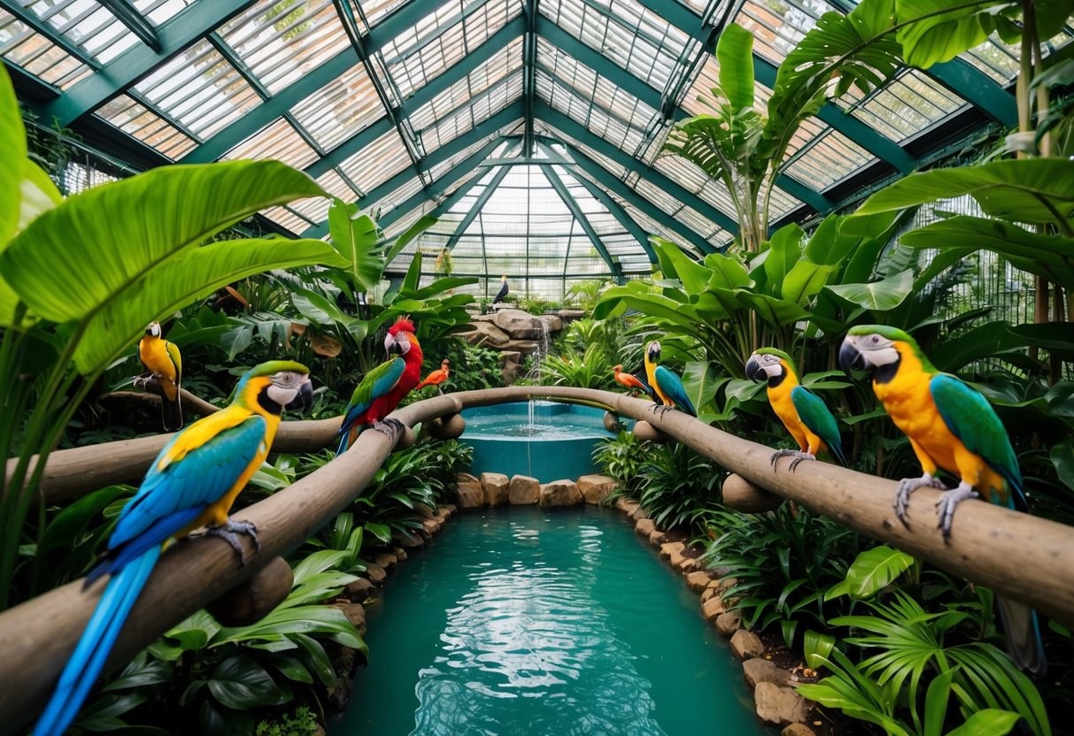 A lush aviary with colorful exotic birds, surrounded by tropical foliage and water features, showcasing the VIP experience at Jurong Bird Park in Singapore