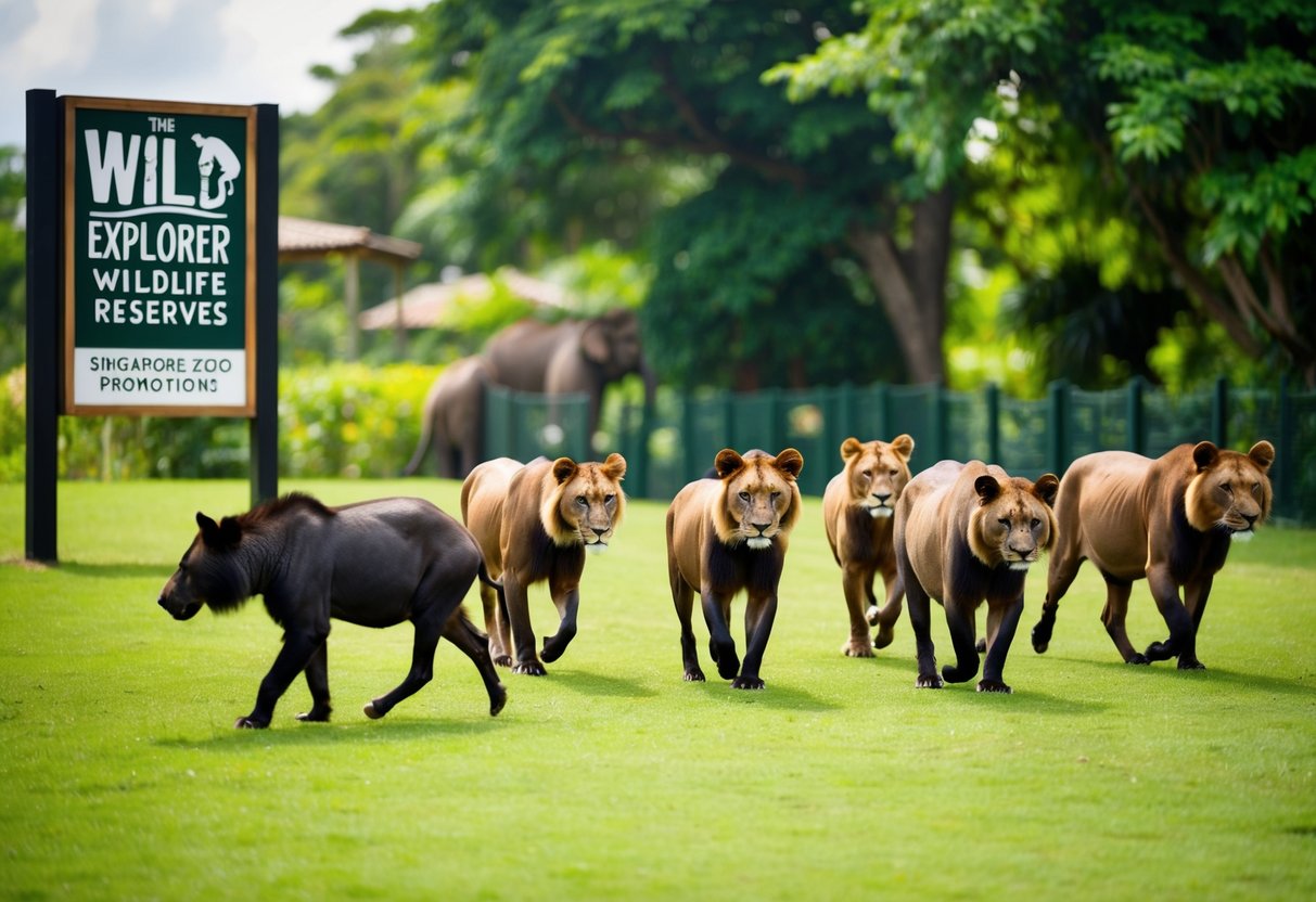 A group of wild animals roam freely in the lush greenery of the Singapore Zoo, with a prominent sign advertising the Wild Explorer Wildlife Reserves promotions