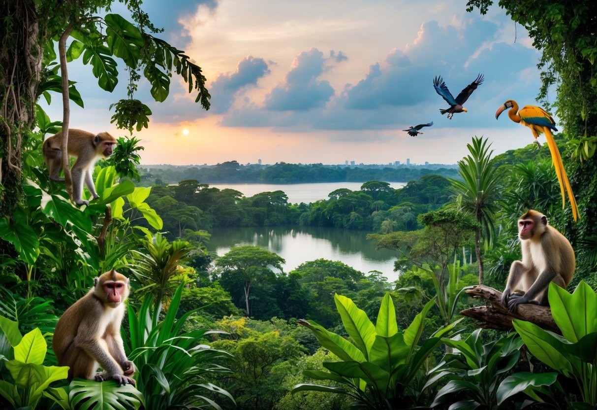 A lush jungle with diverse wildlife, including monkeys, birds, and exotic plants, set against a backdrop of a serene wildlife reserve in Singapore