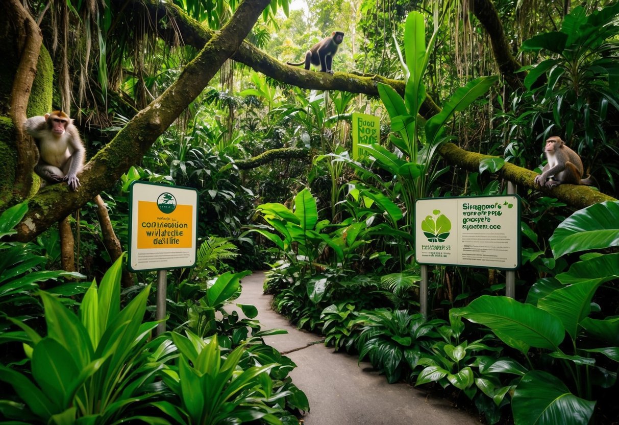 A lush green jungle with diverse wildlife, including monkeys, birds, and exotic plants, surrounded by signs promoting conservation efforts in Singapore's wildlife reserves