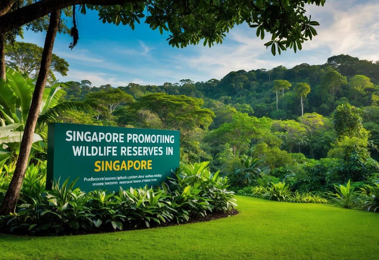 A lush jungle landscape with diverse wildlife and a prominent sign promoting wildlife reserves in Singapore