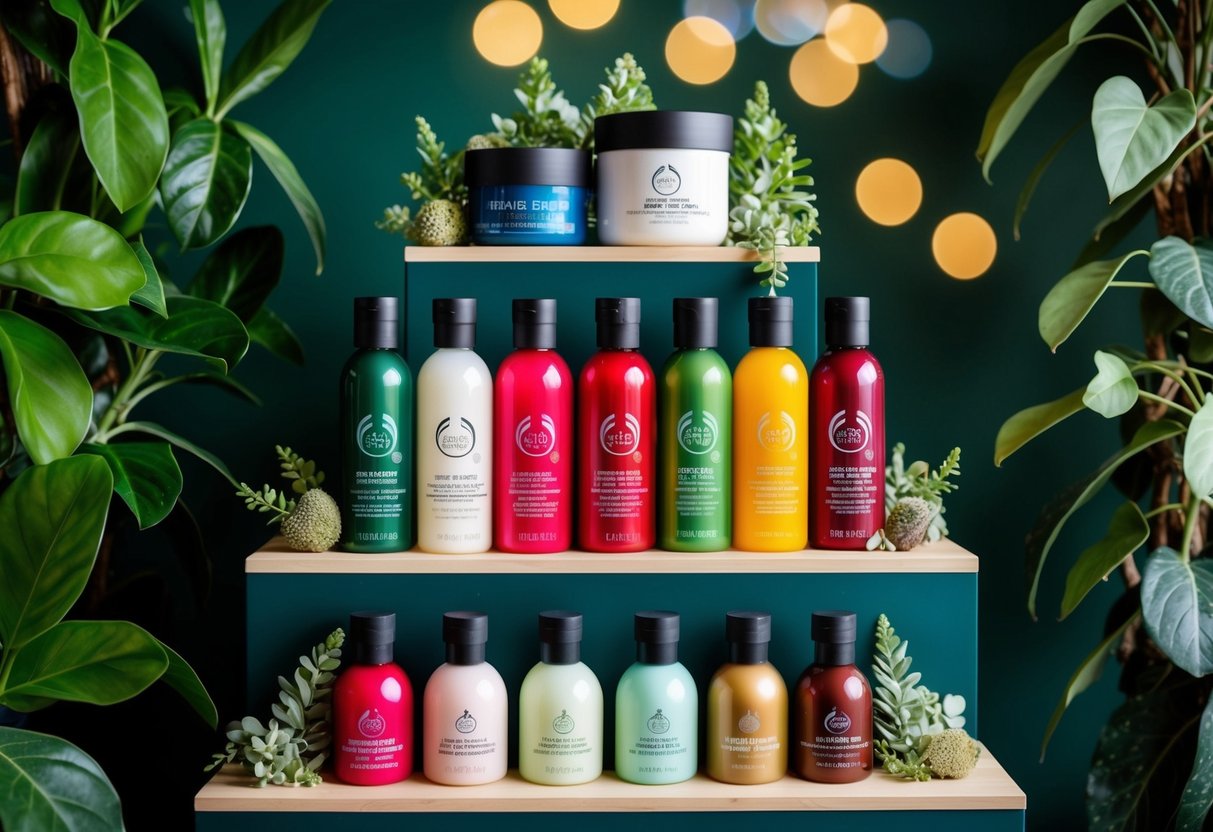 A vibrant display of assorted Body Shop products arranged on a tiered shelf, surrounded by leafy green plants and natural elements