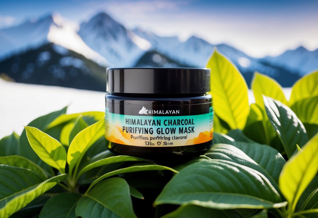 A jar of Himalayan Charcoal Purifying Glow Mask surrounded by lush green leaves and a backdrop of snowy peaks