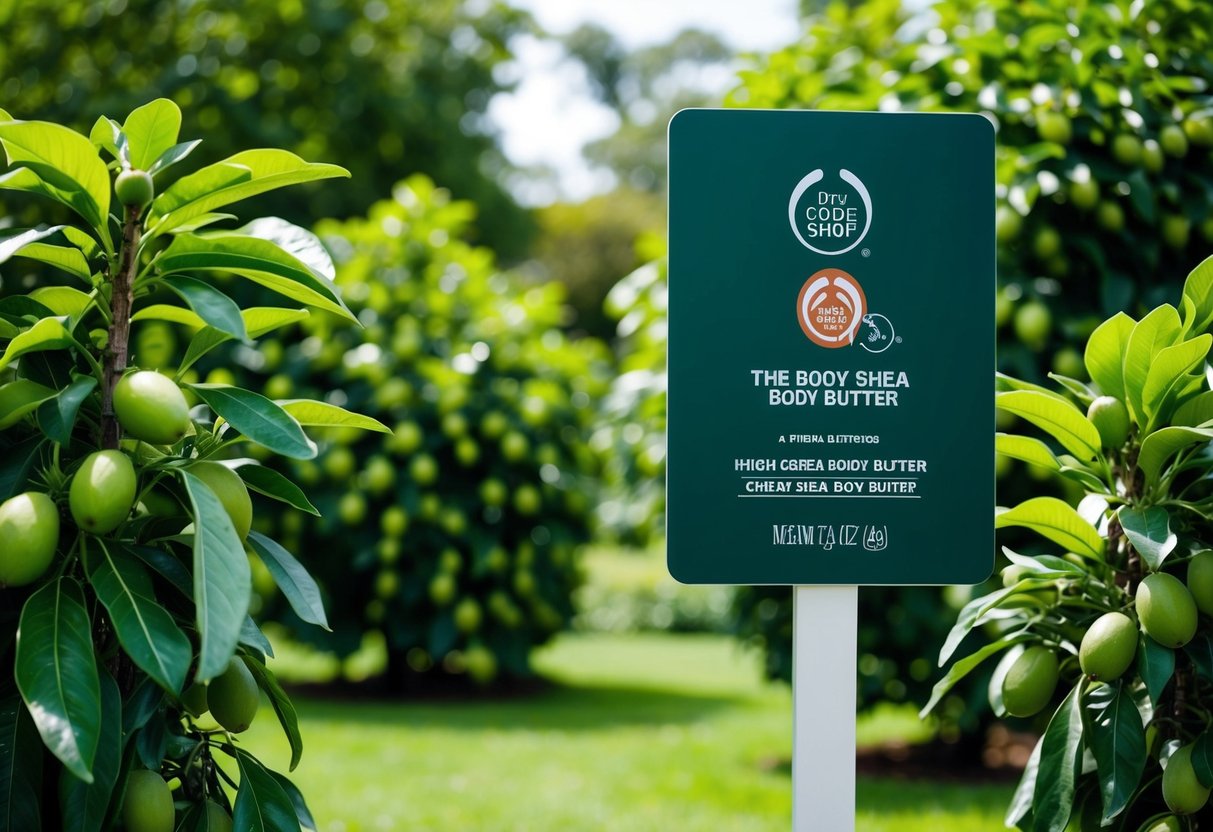 A lush green garden with Shea trees, ripe with creamy butter. A sign promotes The Body Shop's indulgent Shea Body Butter