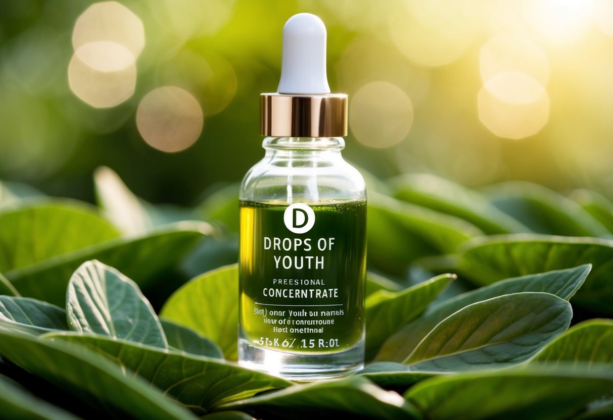 A clear bottle of Drops of Youth Concentrate sits on a bed of green leaves, with a soft glow emanating from within