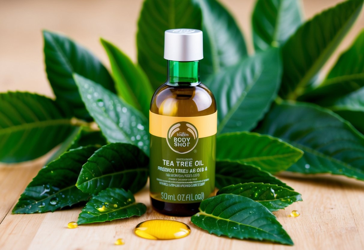 A bottle of Tea Tree Oil from The Body Shop surrounded by green leaves and small droplets of oil