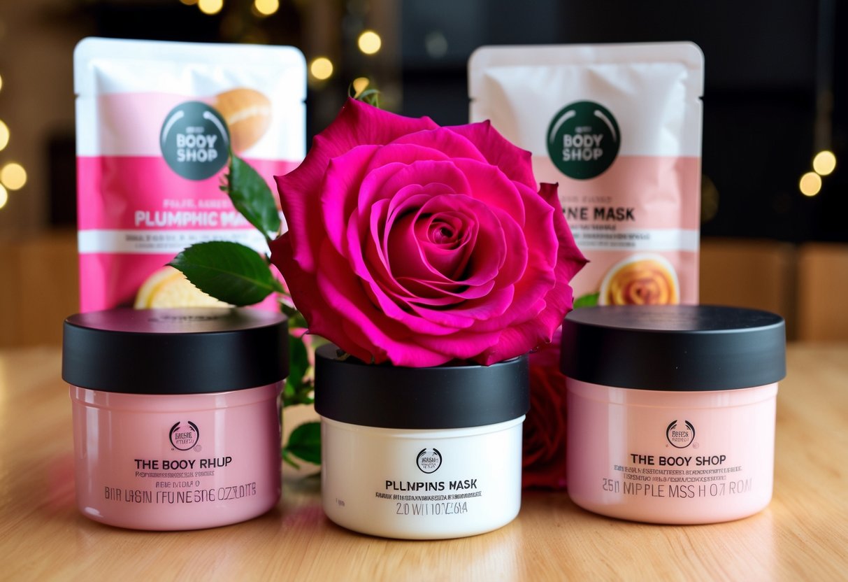 A vibrant British rose surrounded by fresh plumping mask jars, with The Body Shop promotions displayed in the background