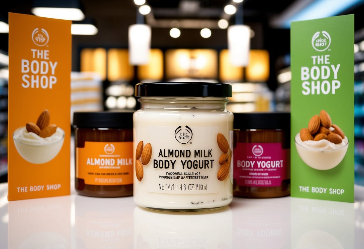 A jar of almond milk body yogurt surrounded by promotional signs and displays at The Body Shop