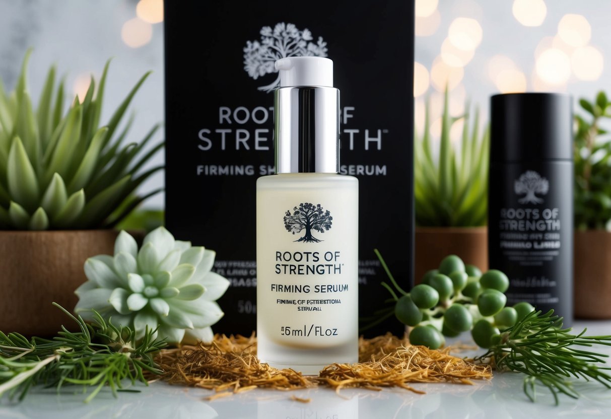 A bottle of Roots of Strength Firming Shaping Serum surrounded by botanical elements and promotional signage