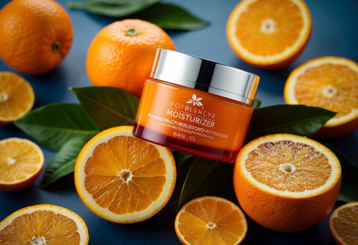 A vibrant orange moisturizer surrounded by fresh citrus fruits and glowing skin