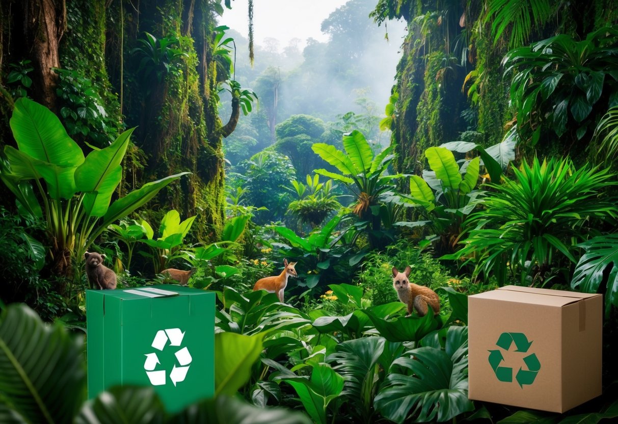 A lush, vibrant rainforest with diverse plant life and animals. A clear emphasis on sustainable practices, such as recycling and eco-friendly packaging