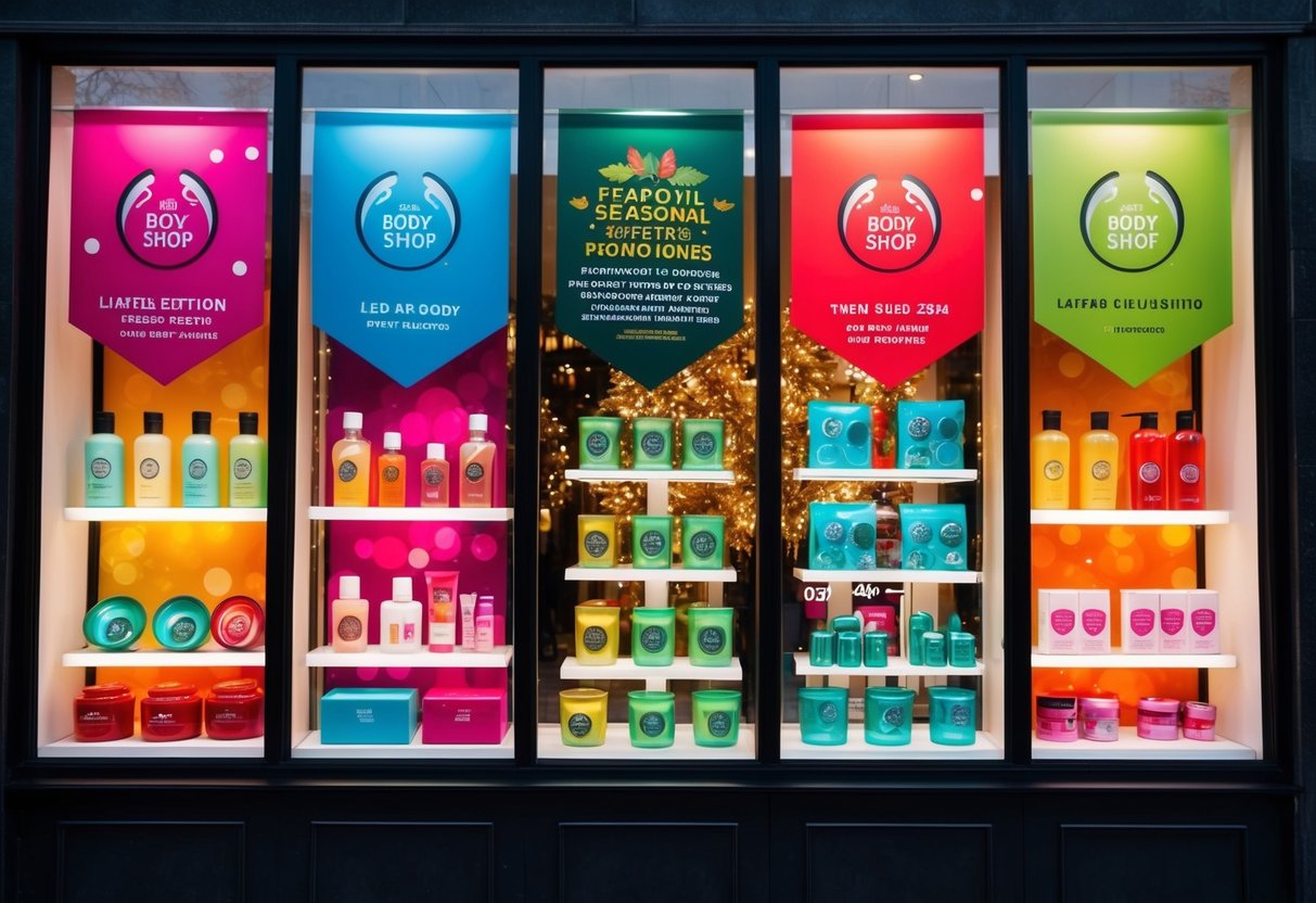 A festive window display with colorful banners and product showcases, featuring seasonal promotions and limited edition items from The Body Shop