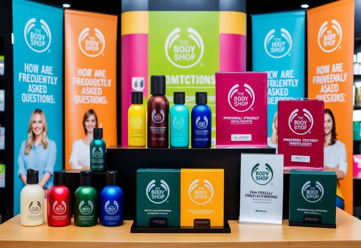 A colorful display of promotional items from The Body Shop, with banners and signs highlighting frequently asked questions