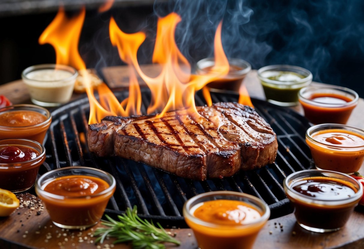 A sizzling steak on a grill with flames licking the meat, surrounded by a variety of barbecue sauces and seasonings