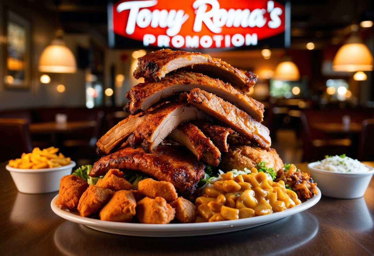 A platter piled high with juicy ribs, tender chicken, and an array of delicious sides, surrounded by the ambiance of a Tony Roma's promotion