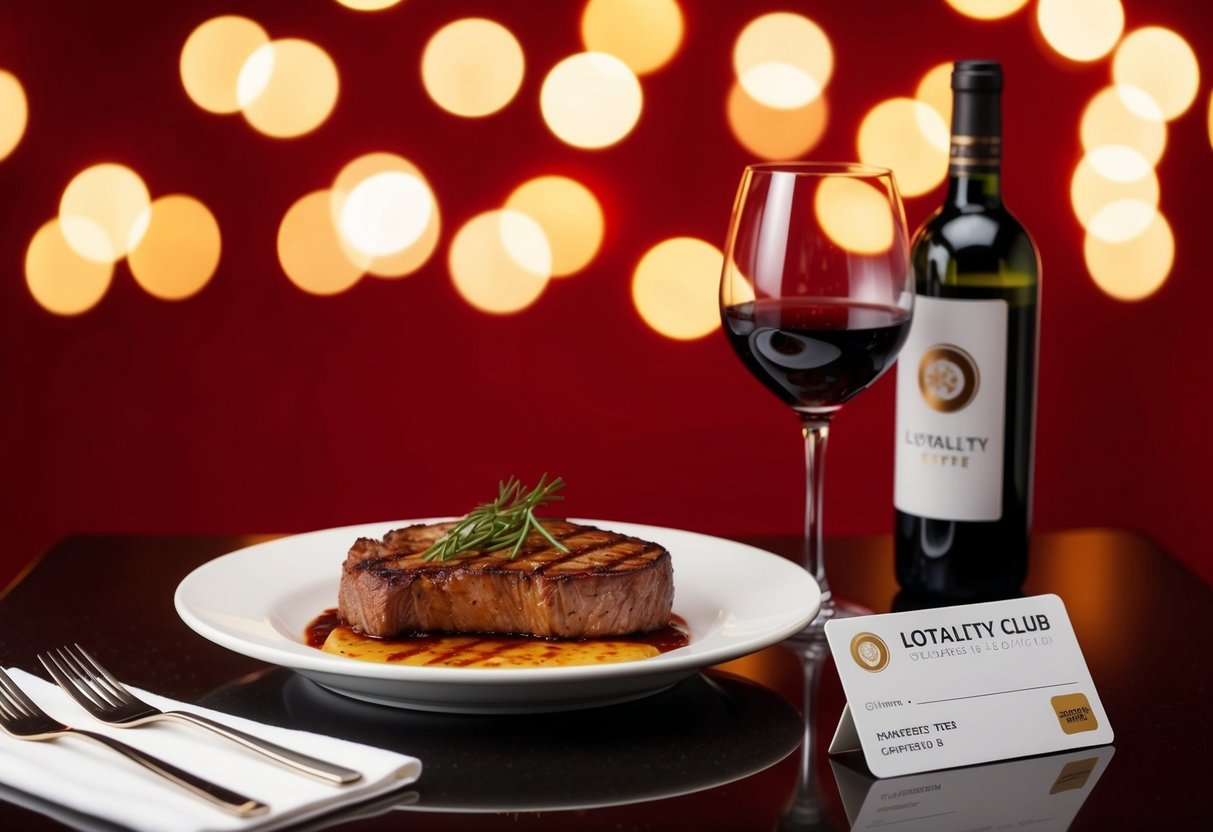 A table set with a sizzling steak, a glass of wine, and a loyalty club card on a red background