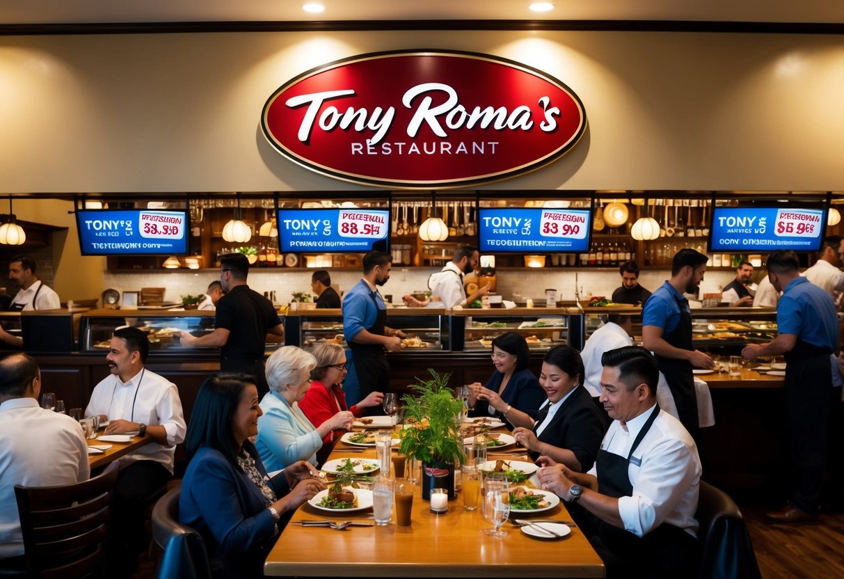 A bustling restaurant with Tony Roma's logo prominently displayed, diners enjoying promotional specials, and staff busy serving and tending to customers