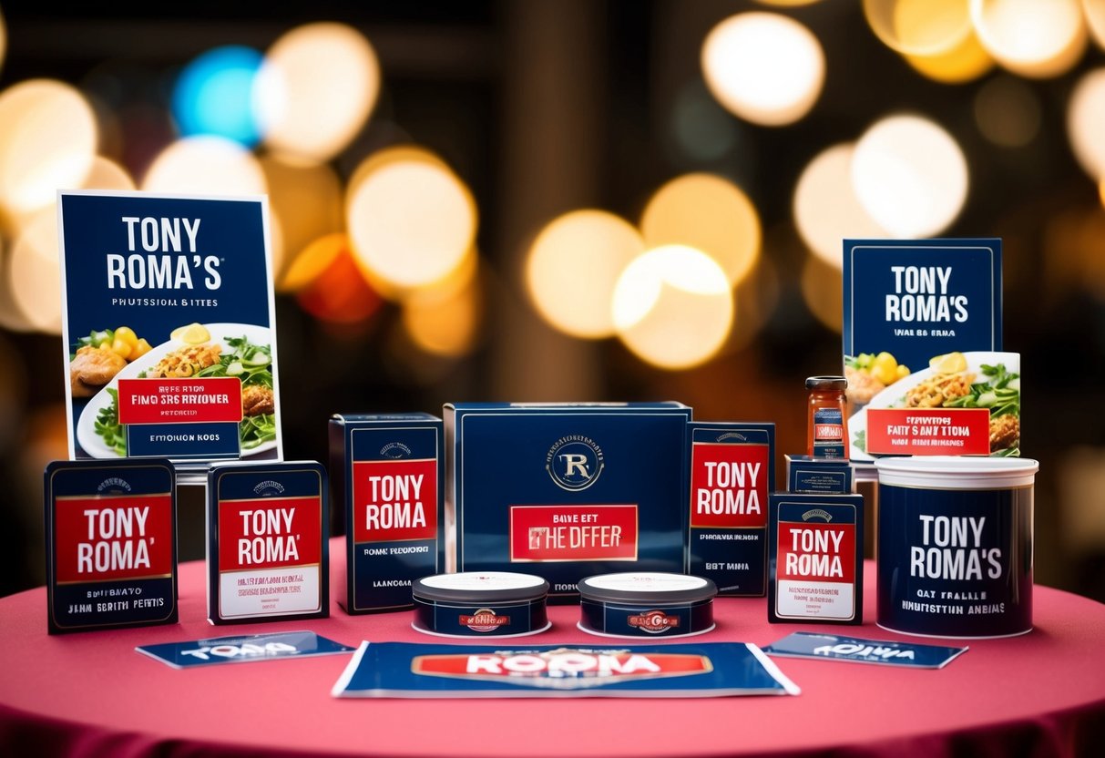 A table set with Tony Roma's promotional items and offers displayed