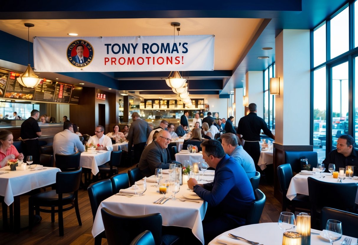 A busy restaurant with a banner promoting Tony Roma's promotions. Tables and chairs fill the space, with customers dining and staff moving around