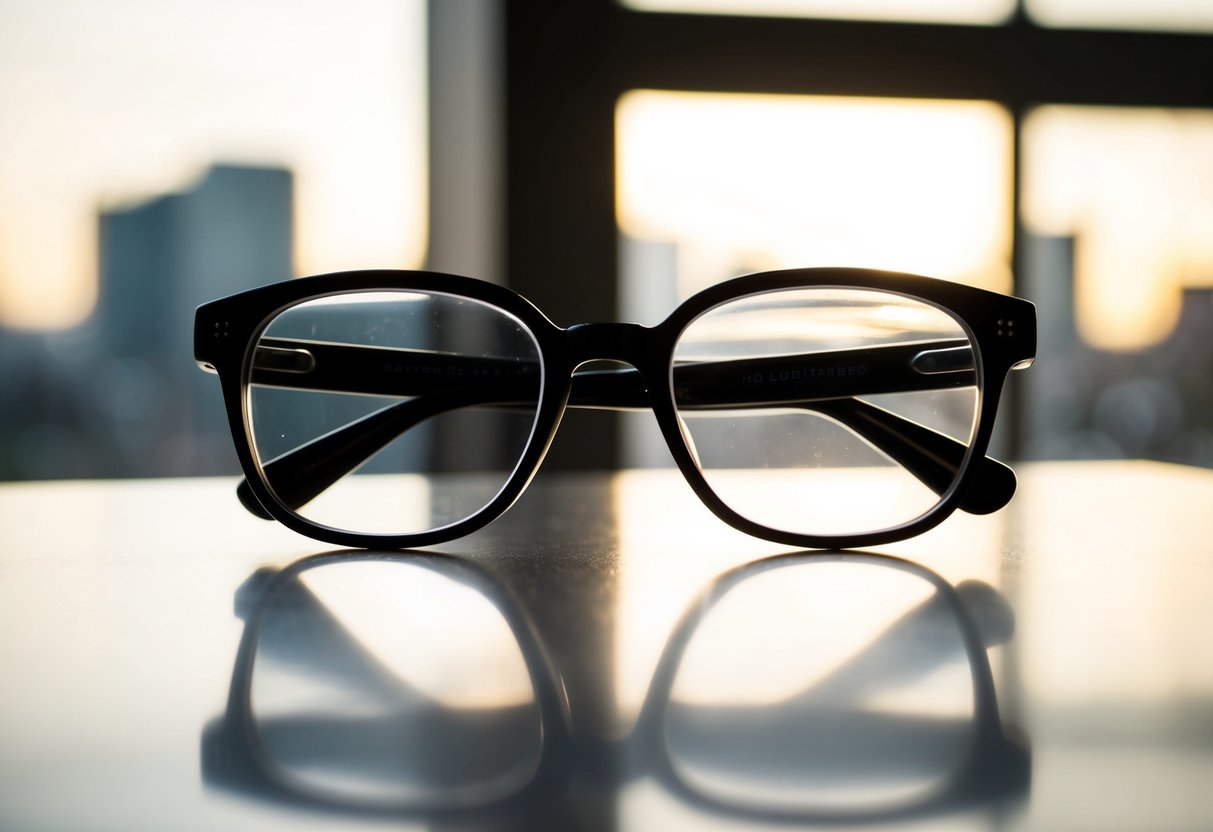 A pair of glasses sits on a table, with the lenses transitioning from clear to dark as they are exposed to different levels of light