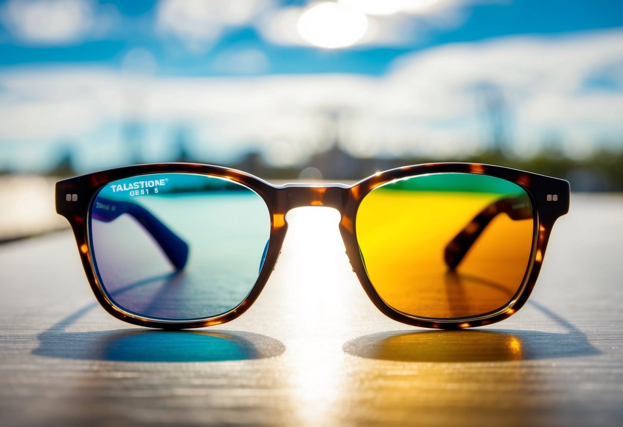 A pair of eyeglasses with Transitions Signature GEN 8 lenses transitions from clear to tinted in a bright, outdoor setting