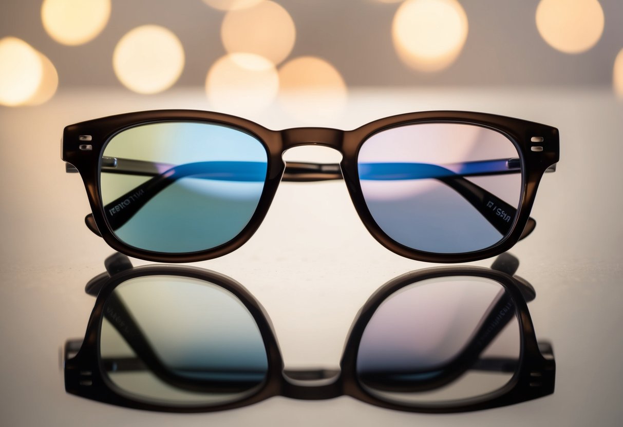 A pair of glasses with Transitions XTRActive lenses transitioning from clear to dark in response to changing light conditions