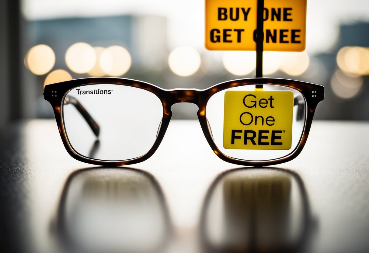 A pair of eyeglasses with Transitions Vantage lenses transitioning from clear to dark, with a promotional sign indicating "Buy One Get One Free"