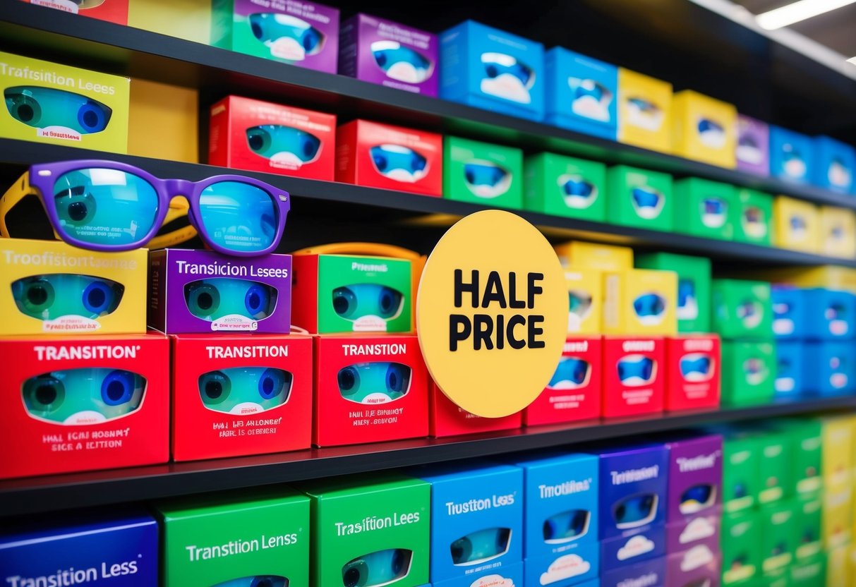 A colorful display of kids' transition lenses with a prominent "Half Price" promotion sign