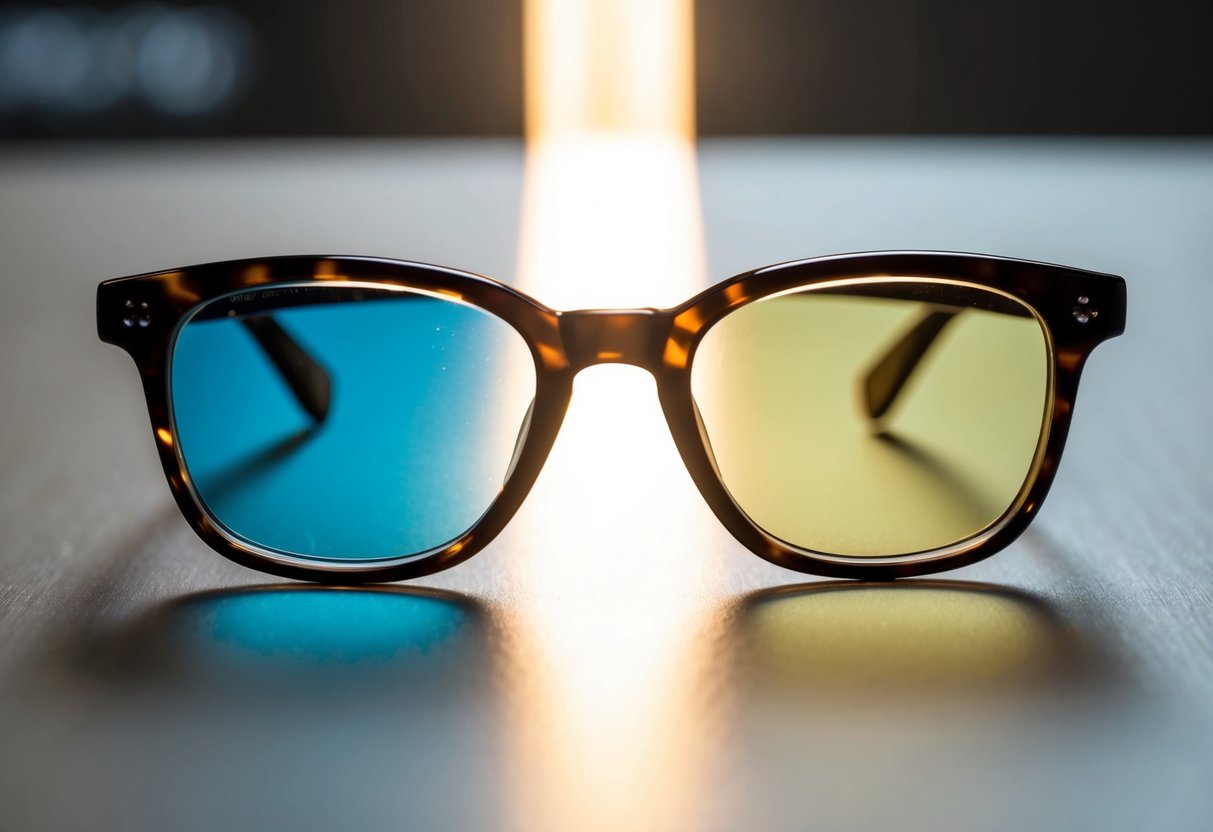 A pair of glasses on a table with a beam of light passing through the lenses, showing the transition from clear to tinted