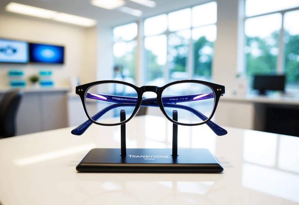A pair of eyeglasses with Transitions Progressive Lenses sits on a sleek, modern display stand in a bright, well-lit optometrist's office