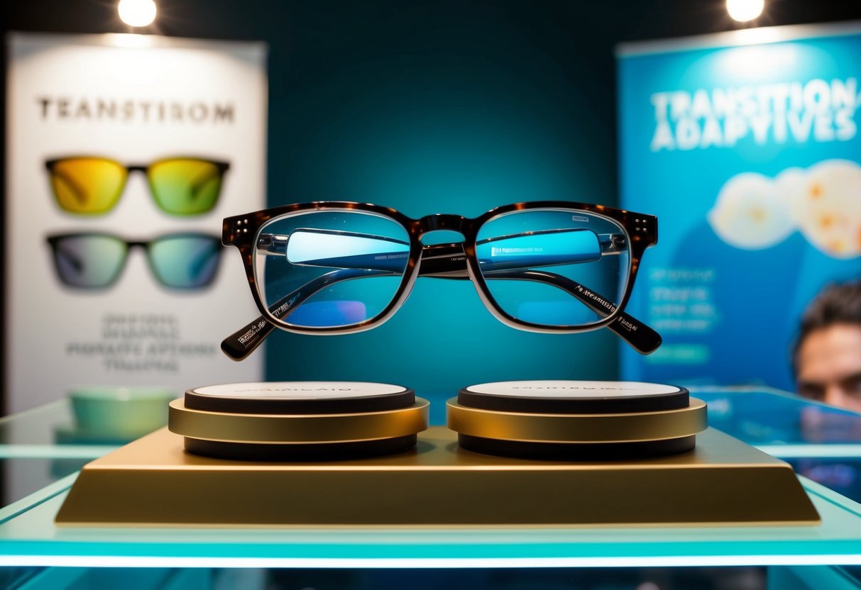 A pair of glasses with Transition adaptive lenses changing from clear to tinted, displayed on a stylish showcase with a promotional banner