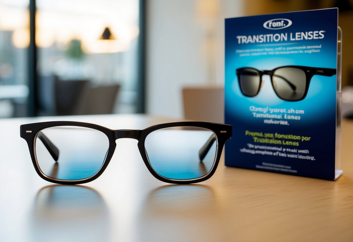 A pair of eyeglasses with transition lenses sits on a table next to a promotional display featuring the benefits of the lenses. The lenses are changing from clear to dark as they are exposed to light