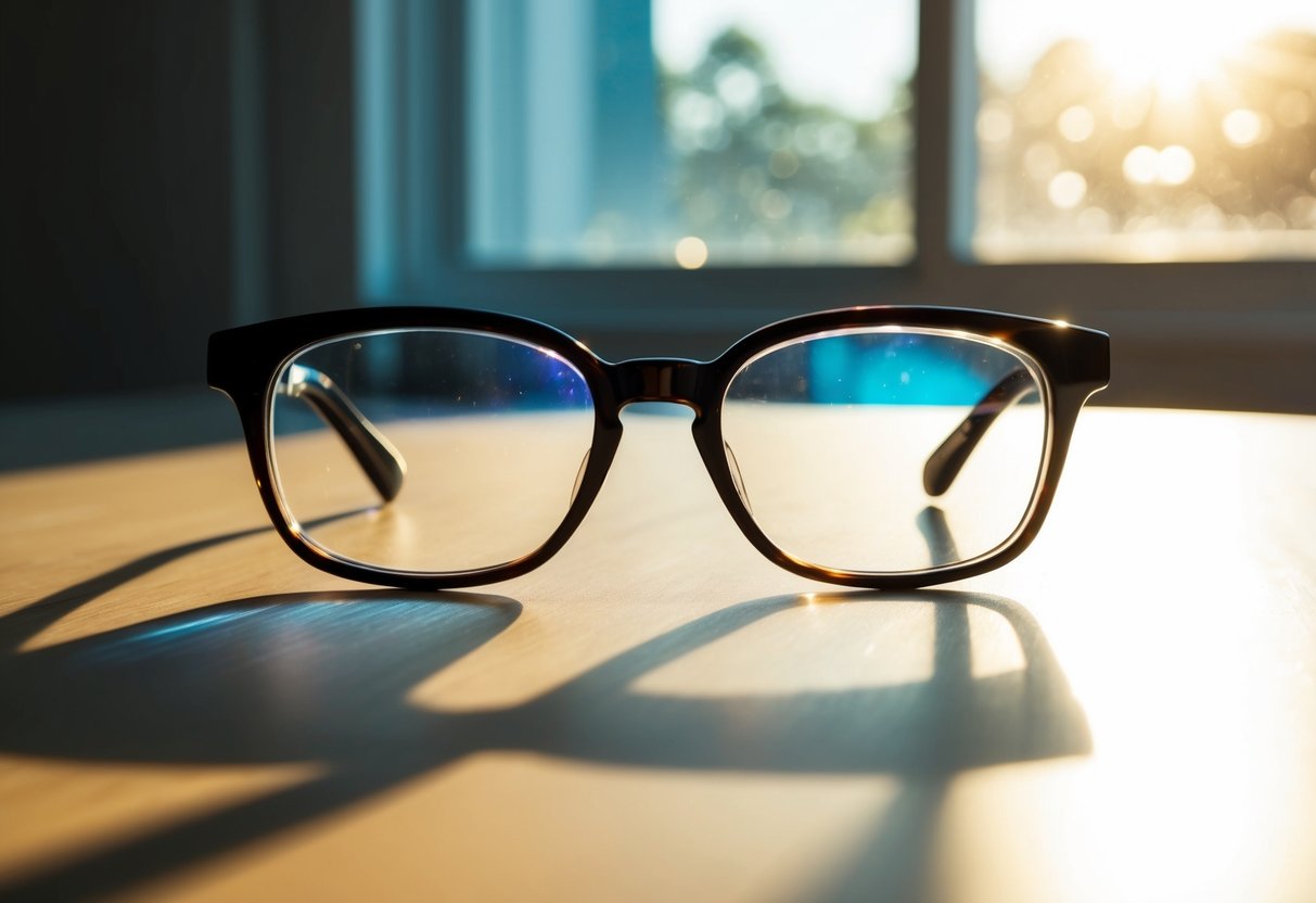 A pair of glasses sits on a table, with sunlight streaming through the window and casting a soft glow on the lenses, illustrating the transition lens promotion
